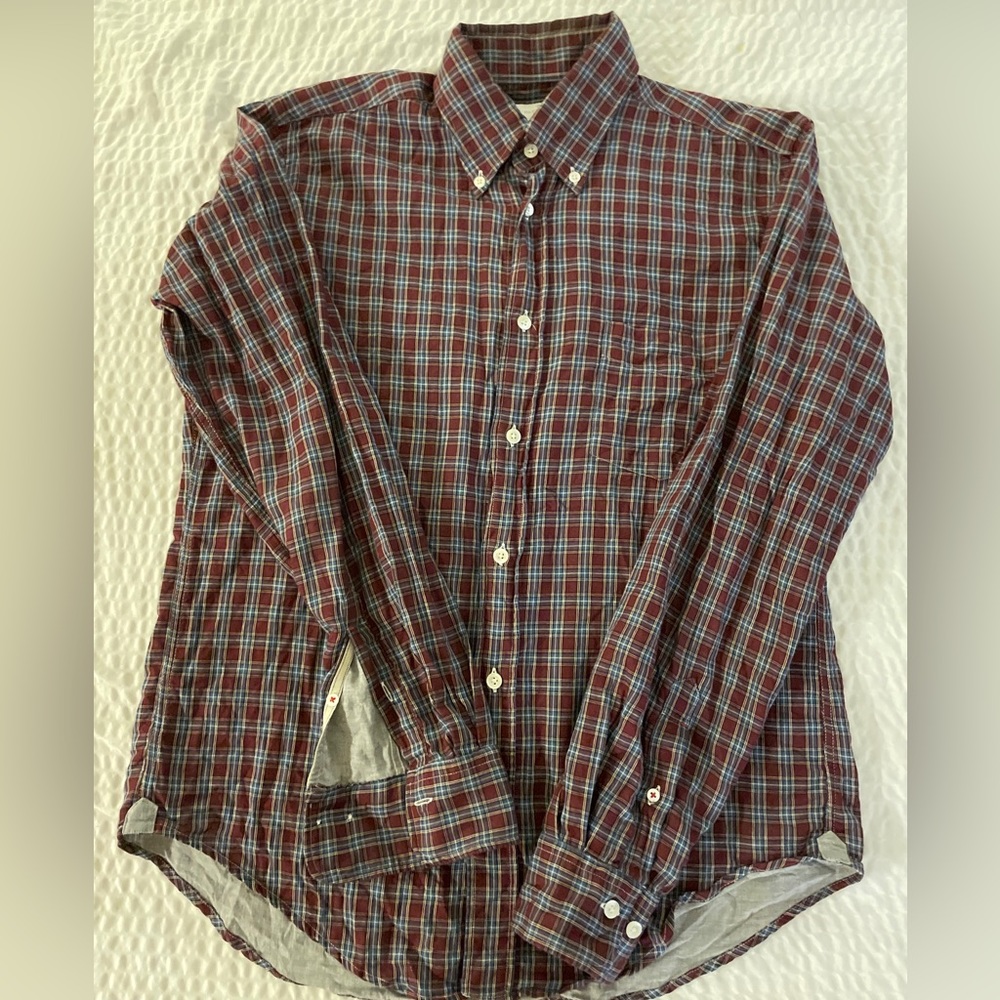 Hartford Check Print Double Faced Button Down Sport Shirt In Wine  Size‎ M $255